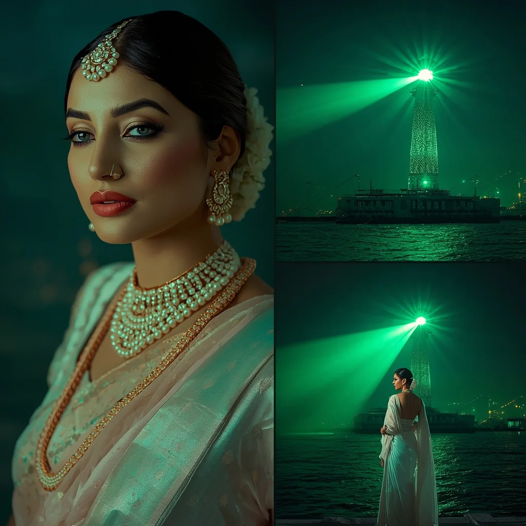 Festive Pastel Saree Emerald Galaxy Lighthouse Harbor Collage | Prompt Gemini Ai