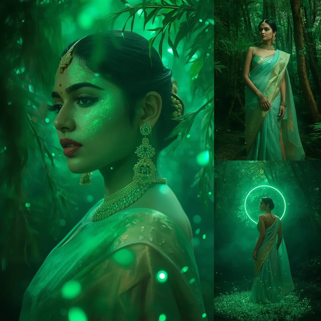Festive Pastel Saree Emerald Halo Ocean Forest Collage | Gemini Photo Editing Prompt