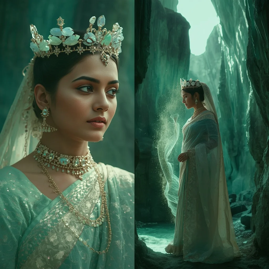Festive Pastel Saree Emerald Moonstone Crown Valley Collage | Prompt Ai For Girl Aesthetic