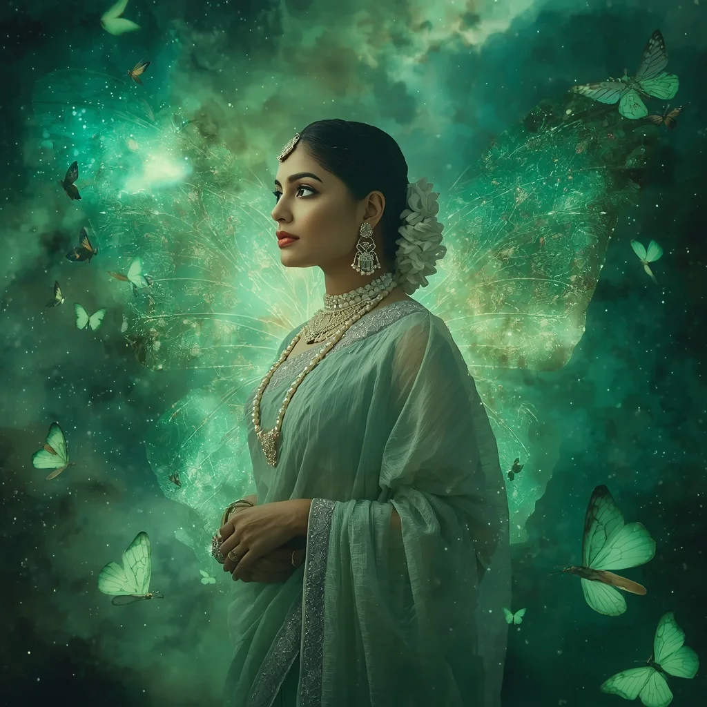 Festive Pastel Saree Emerald Nebula Butterfly Realm Collage | Woman Pose Ai Prompt