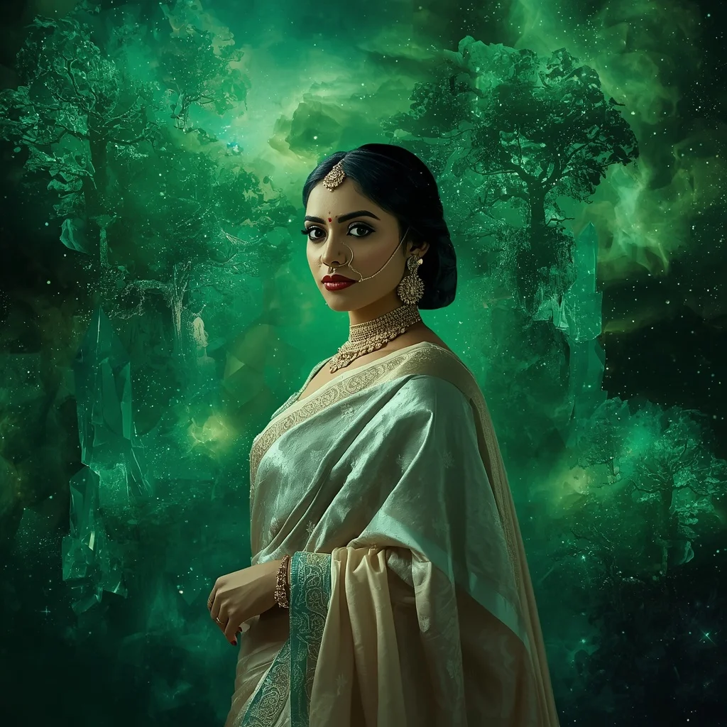 Festive Pastel Saree Emerald Nebula Crystal Forest Collage | Prompt Seen Girl Photo Editing ChatGPT