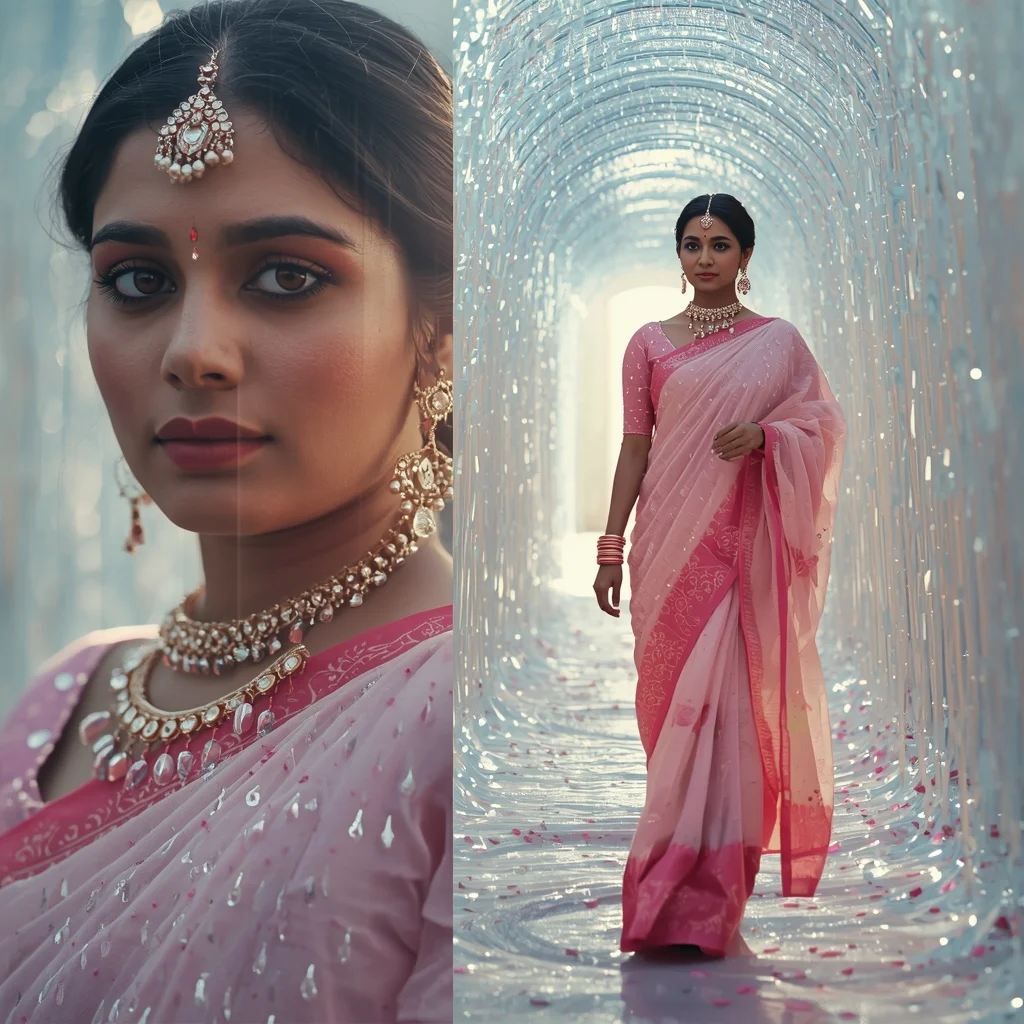 Festive Pastel Saree Enchanting Ethereal Crystal Tunnel Collage | Magical Fantasy Prompt | Prompt Gemini Saree