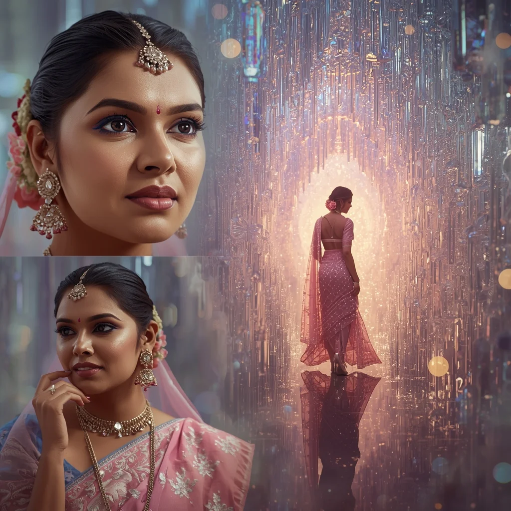 Festive Pastel Saree Enchanting Ethereal Crystal Tunnel Collage | Magical Fantasy Prompt | Saree Prompt Text To Image