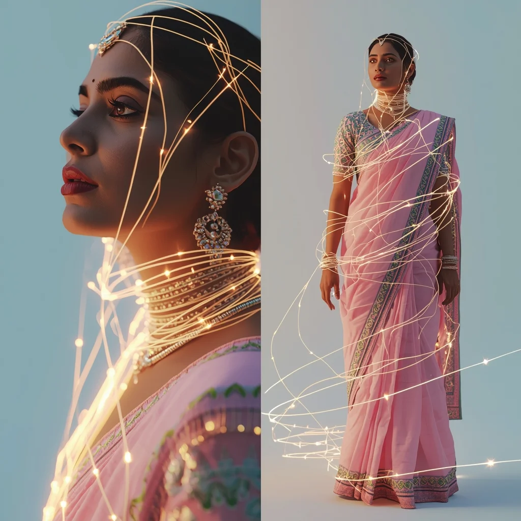 Festive Pastel Saree Energy Thread Collage | Indian Girl Light Weave Aesthetic Cinematic Viral Prompt | Desi Saree Ai Prompt