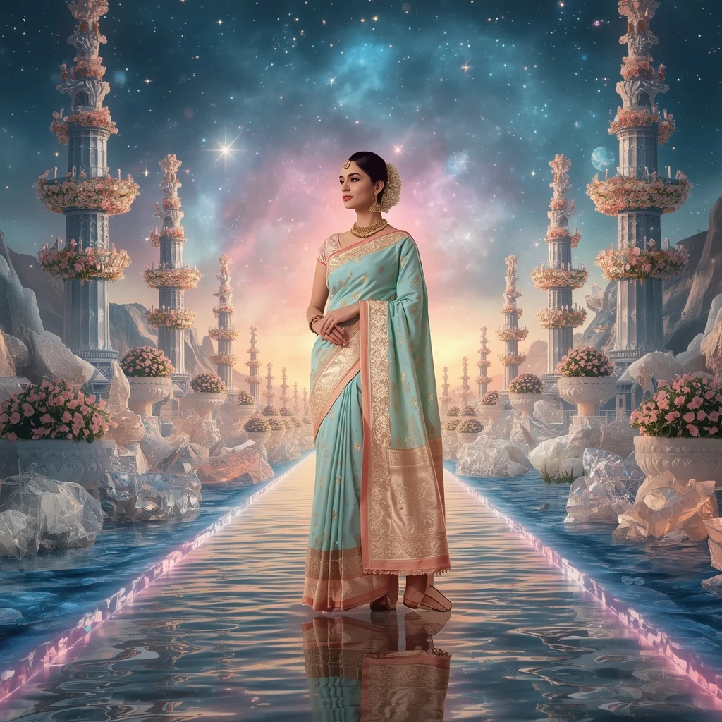 Festive Pastel Saree Eternal Aurora Diamond Imperial Universe Collage Cinematic Luxury | Ai Selfie Prompt