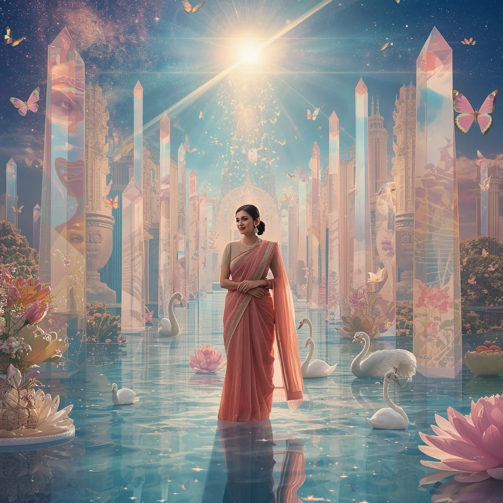 Festive Pastel Saree Eternal Crystal Aurora Paradise Empire Collage Luxury | Ai Image Prompt