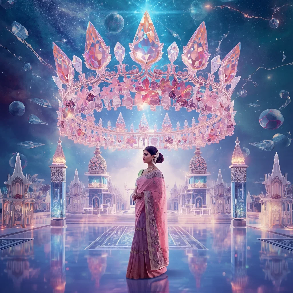 Festive Pastel Saree Eternal Diamond Aurora Celestial Crown Collage Cinematic Luxury | 3d Animation Ai Prompt