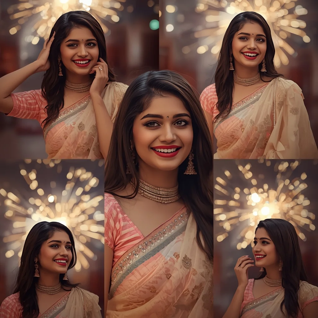 Festive Pastel Saree Fireworks Glow Collage | Indian Girl Celebration Light Aesthetic Soft Cinematic Viral Prompt | Ai Gemini Saree Prompt
