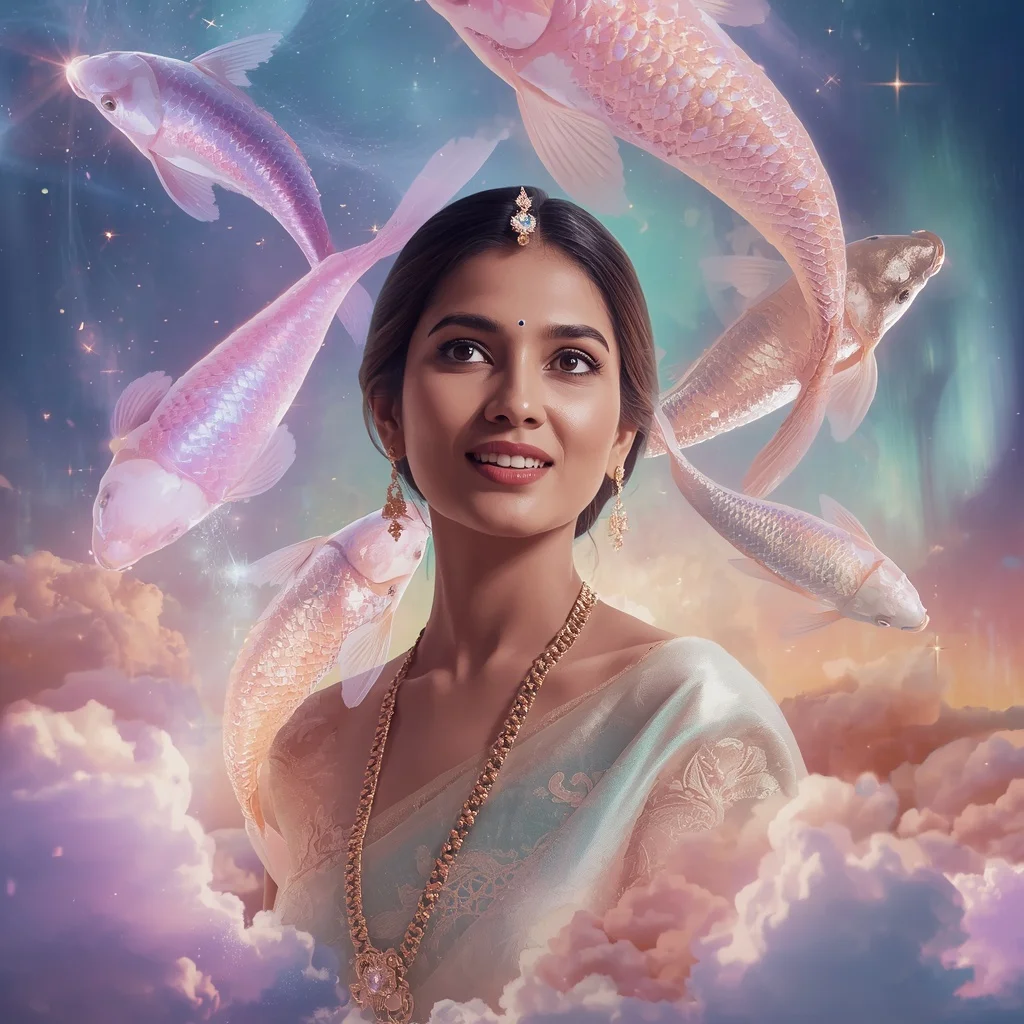 Festive Pastel Saree Floating Aurora Crystal Koi Galaxy Collage Cinematic Premium | Gemini Ai Prompt