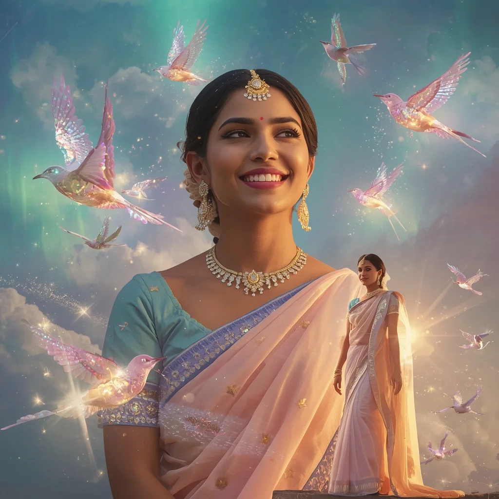 Festive Pastel Saree Floating Aurora Crystal Starbirds Collage Cinematic Premium | Prompt For Gemini Ai Girl Model Instagram