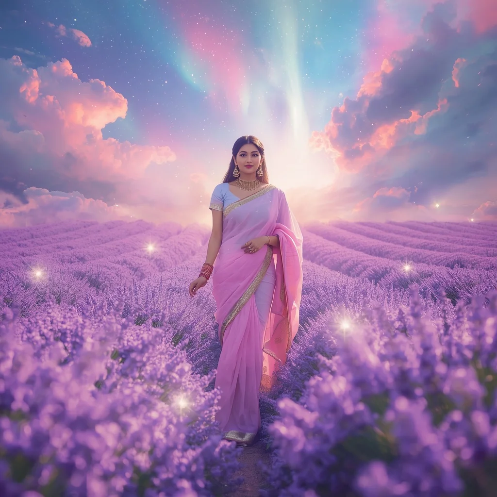 Festive Pastel Saree Floating Aurora Lavender Paradise Dream Collage | Profile Picture Ai Prompt