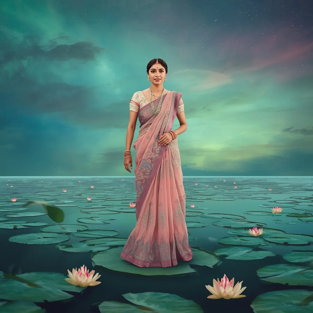 Festive Pastel Saree Floating Aurora Lily Islands Dream Collage | Instagram Girl Gemini Prompt