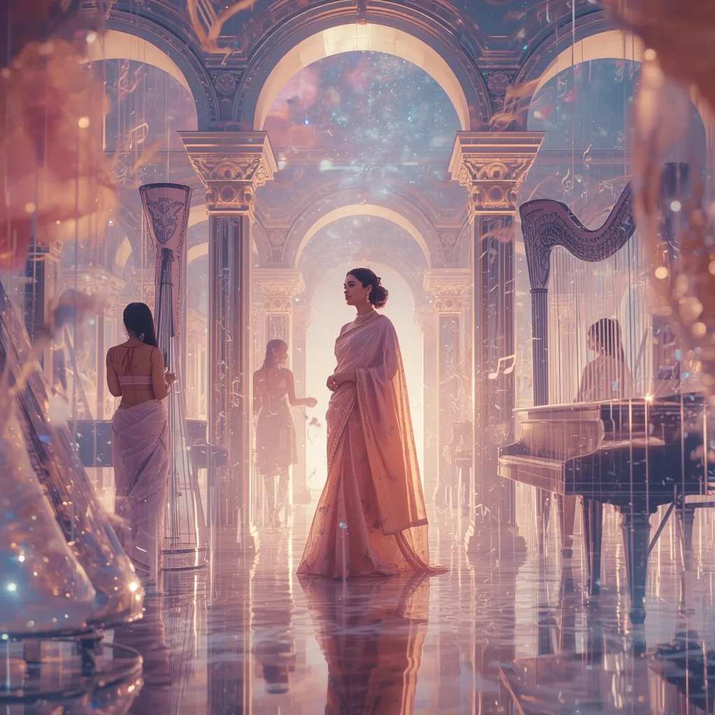 Festive Pastel Saree Floating Aurora Music Palace Collage Cinematic | New Instagram Trend Prompt For Girl Love Copy And Paste