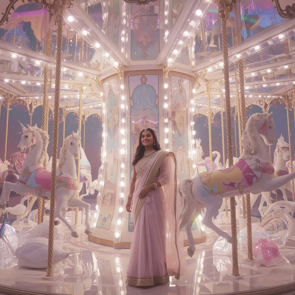 Festive Pastel Saree Floating Crystal Aurora Carousel Collage Cinematic | Female Model Ai Prompt