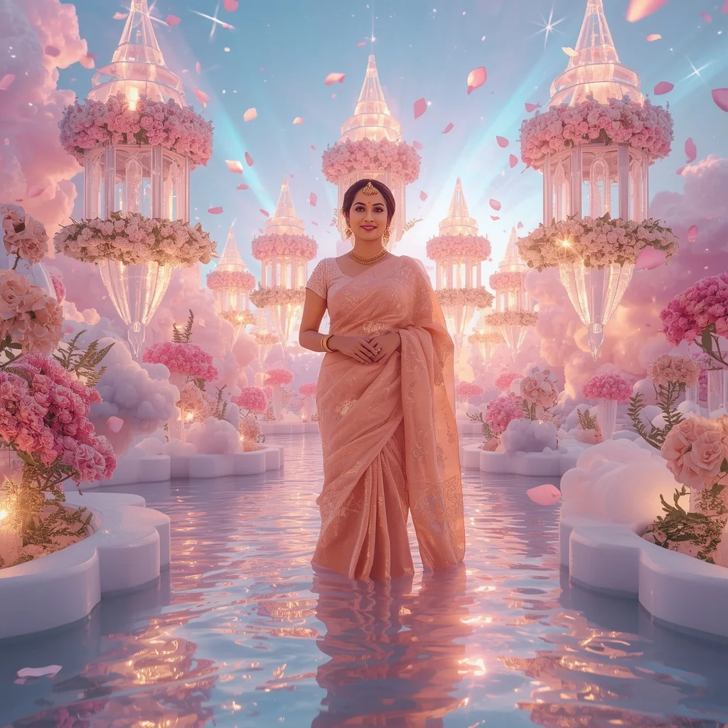 Festive Pastel Saree Floating Crystal Aurora Castle Gardens Premium | Prompt Ai For Girl Aesthetic