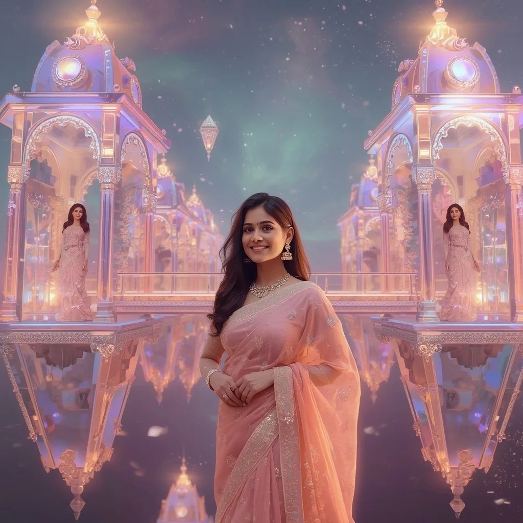 Festive Pastel Saree Floating Crystal Aurora Pavilion City Collage Premium | ChatGPT Ai Prompt