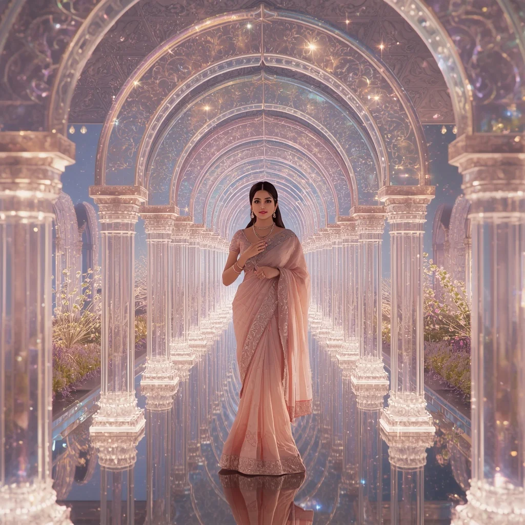 Festive Pastel Saree Floating Crystal Aurora Pavilion Collage Premium | Realistic Ai Prompt
