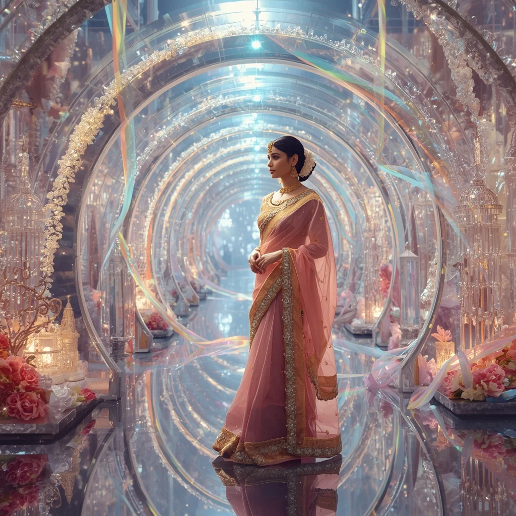Festive Pastel Saree Floating Crystal Aurora Rainbow Kingdom Luxury | Ai Prompt For Instagram