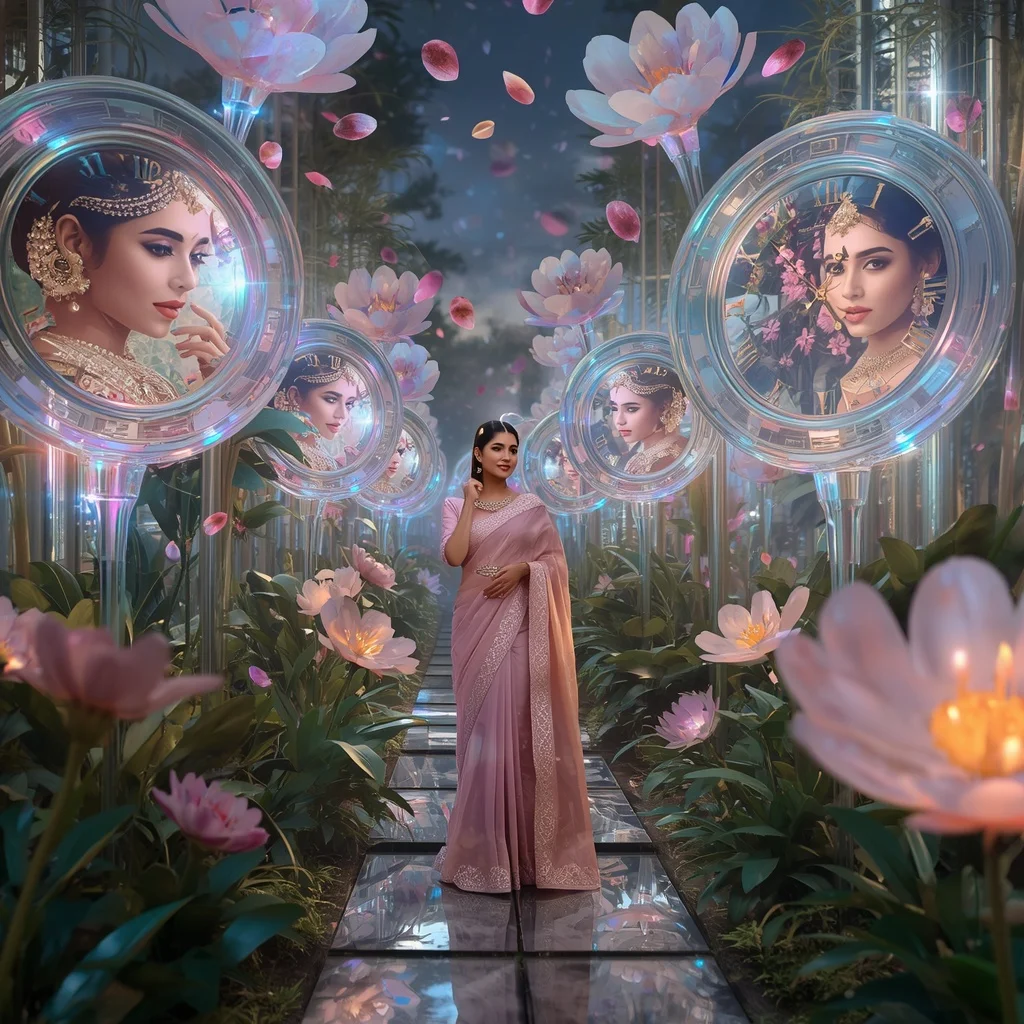 Festive Pastel Saree Floating Crystal Clock Garden Collage Luxury | Gemini Ai Prompt For Girl