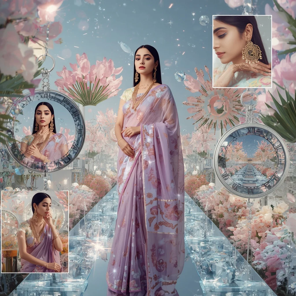 Festive Pastel Saree Floating Crystal Clockwork Garden Collage Premium Luxury Fashion | Female Model Ai Prompt