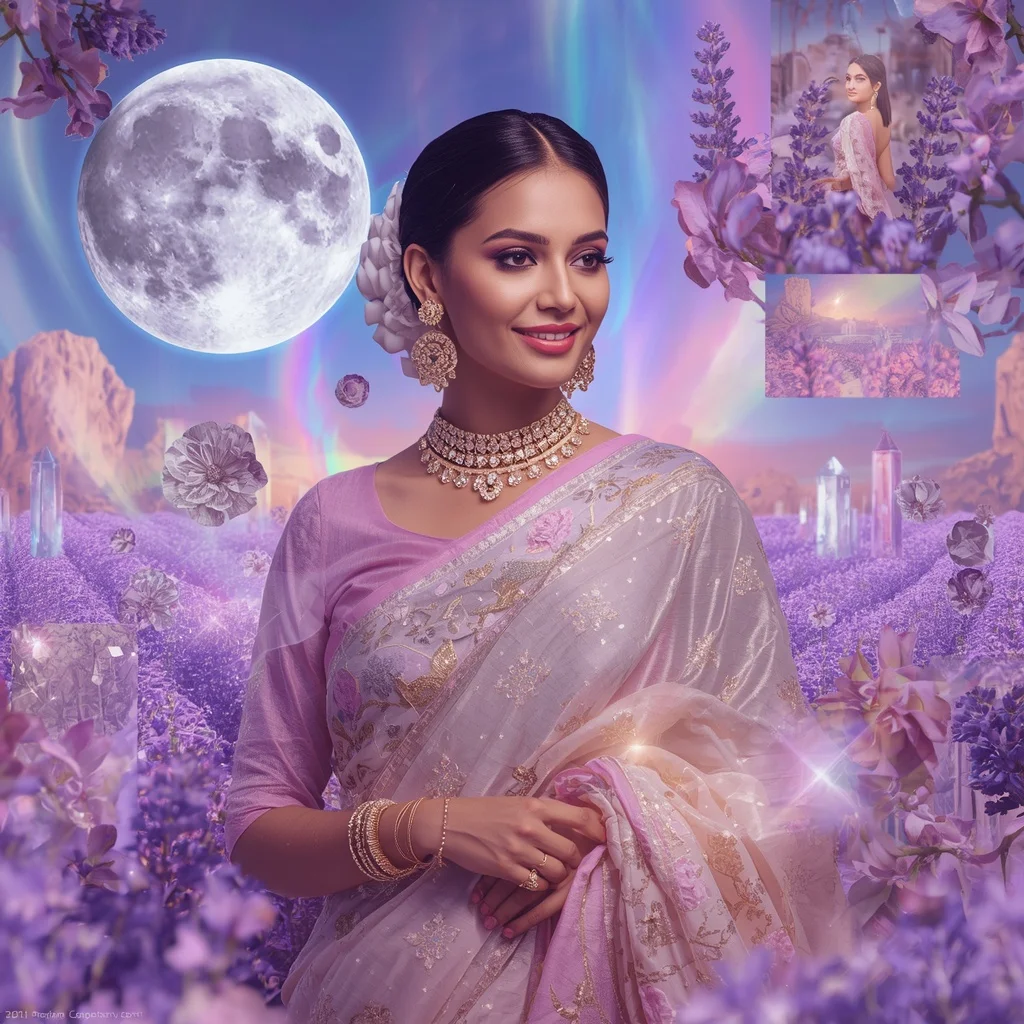 Festive Pastel Saree Floating Crystal Lavender Moon Realm Collage Luxury Editorial | Gemini Ai Photo Prompt Copy Paste