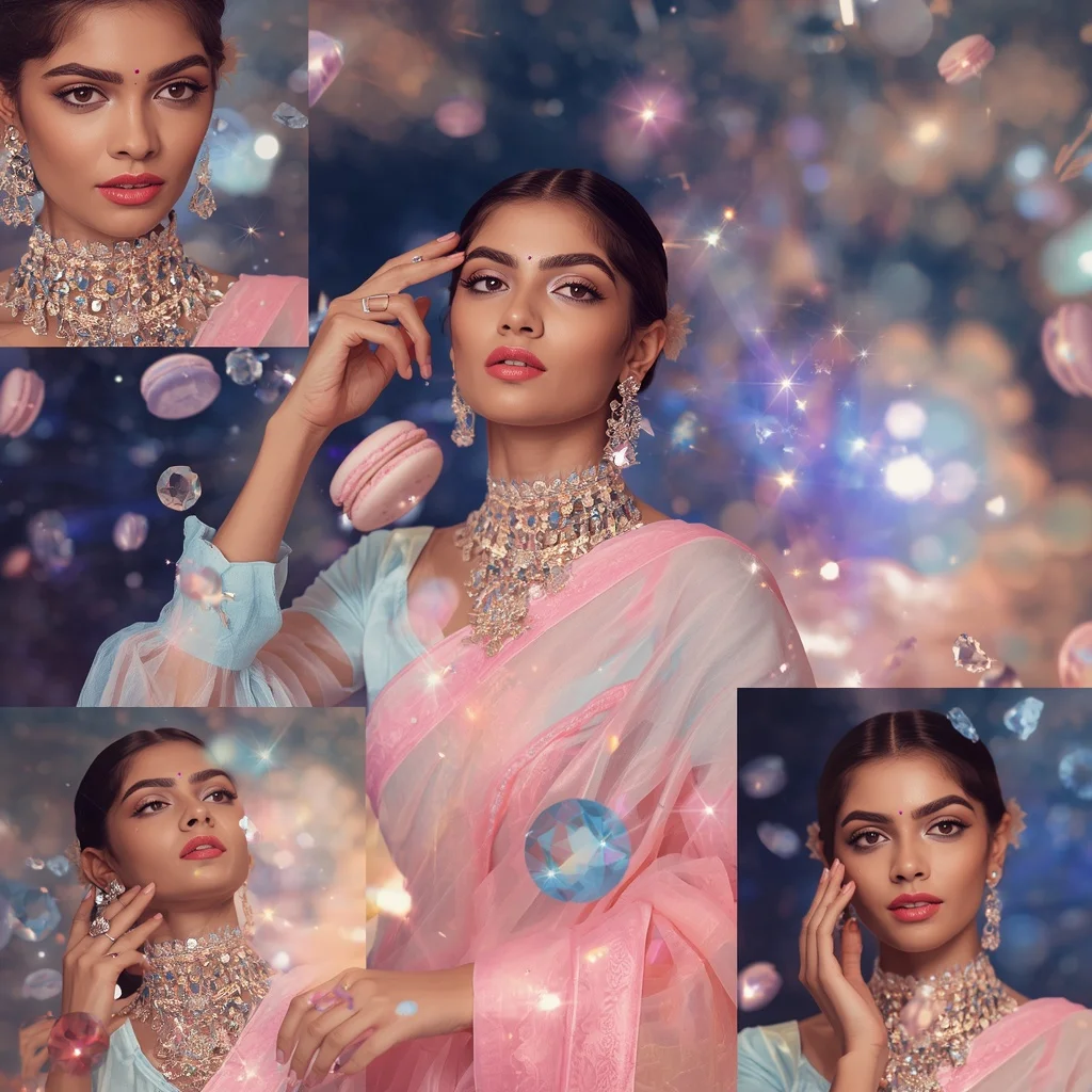 Festive Pastel Saree Floating Crystal Macaron Galaxy Collage Premium Luxury Editorial | Indian Girl Ai Prompt