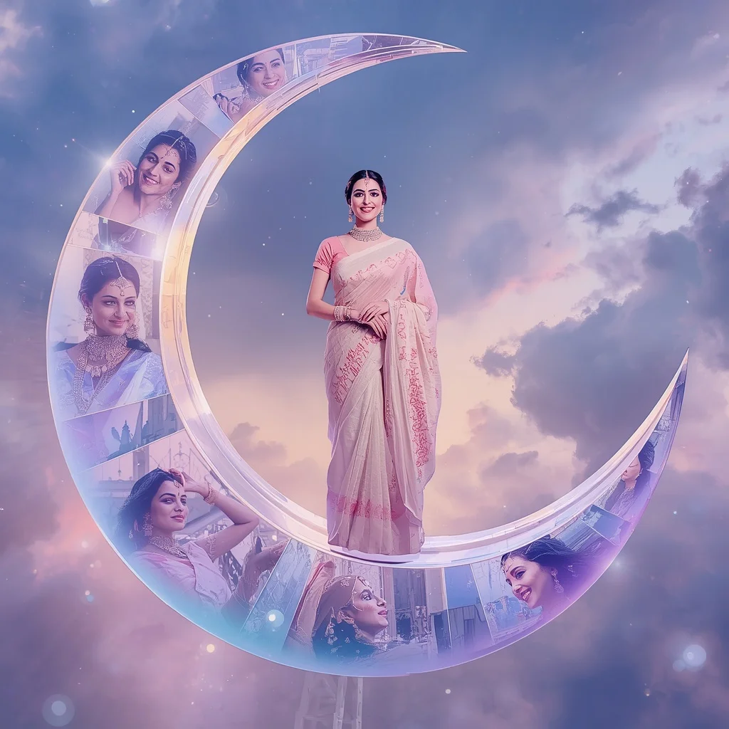 Festive Pastel Saree Floating Crystal Moon Bridge Collage Premium | Cute Ai Prompt