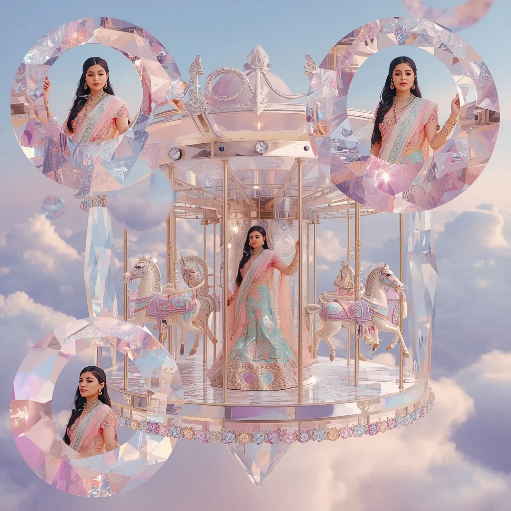 Festive Pastel Saree Floating Crystal Moon Carousel Collage Premium Luxury Editorial | Art Ai Prompt