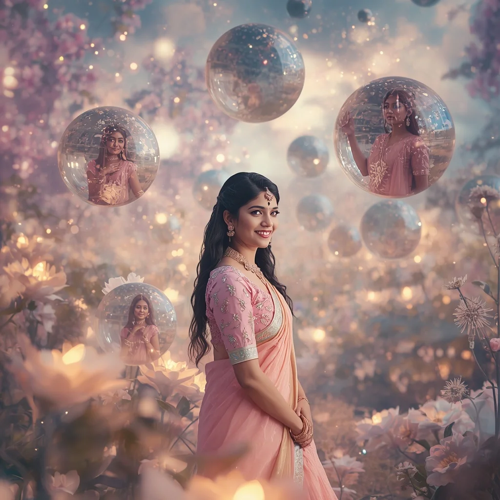 Festive Pastel Saree Floating Crystal Planet Garden Collage Cinematic | Cute Girl Ai Prompt