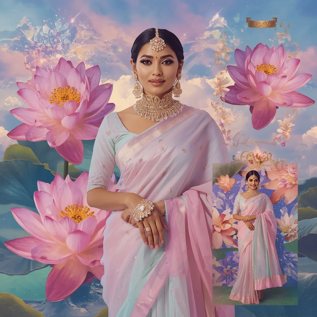 Festive Pastel Saree Floating Crystal Rainbow Lotus Paradise Collage Luxury Editorial | Chatgpt Prompt
