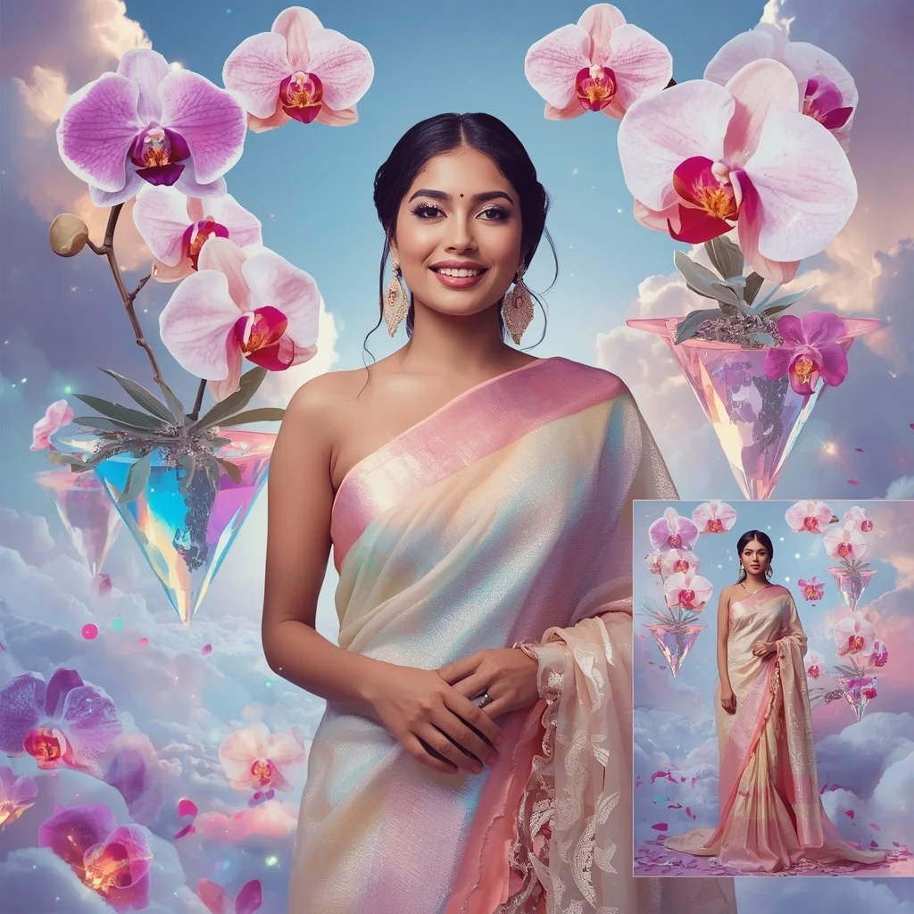 Festive Pastel Saree Floating Crystal Rainbow Orchid Realm Collage Luxury Editorial | Fashion Ai Prompt