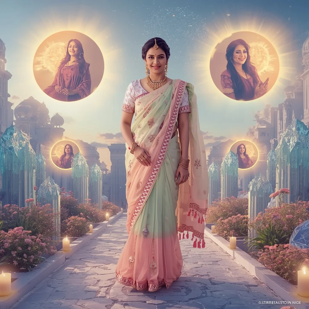 Festive Pastel Saree Floating Crystal Solar Kingdom Collage Premium | Female Model Ai Prompt