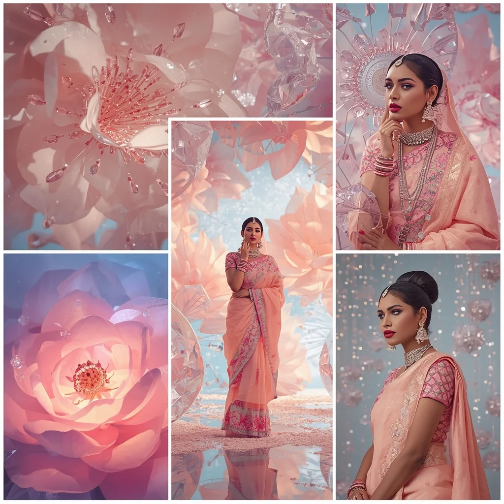 Festive Pastel Saree Floating Diamond Blossom Palace Collage Premium Editorial | Romantic Ai Prompt