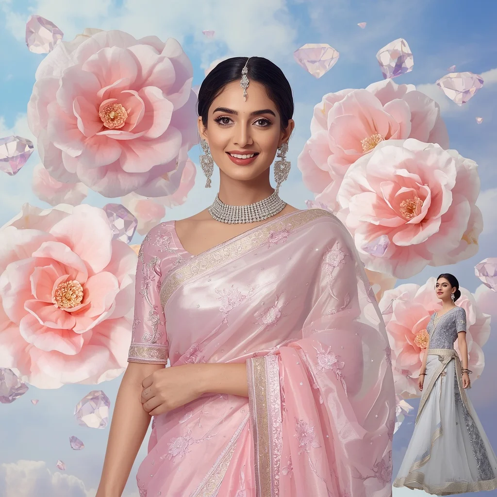 Festive Pastel Saree Floating Diamond Camellia Heaven Collage Luxury Editorial | Beautiful Woman Ai Prompt
