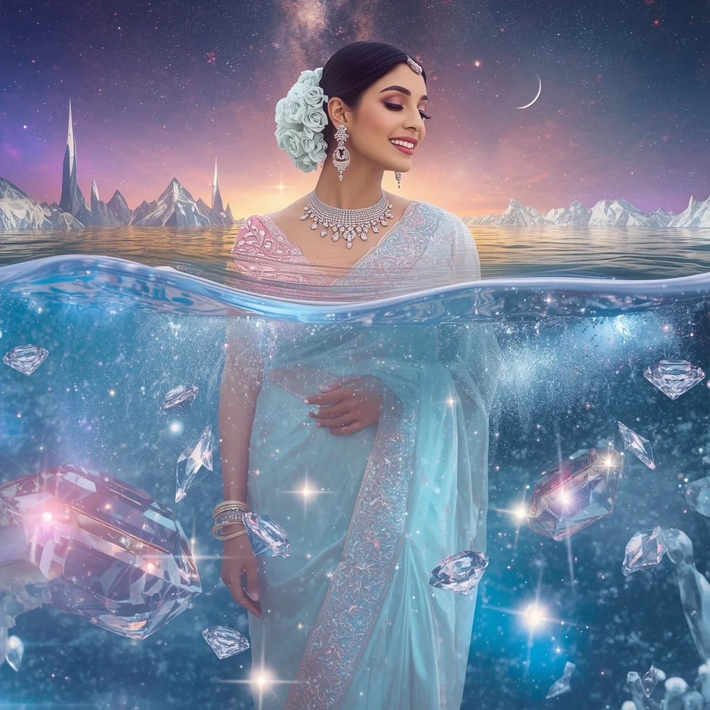 Festive Pastel Saree Floating Diamond Ocean Galaxy Collage Premium | Beautiful Saree Girl Ai Prompt