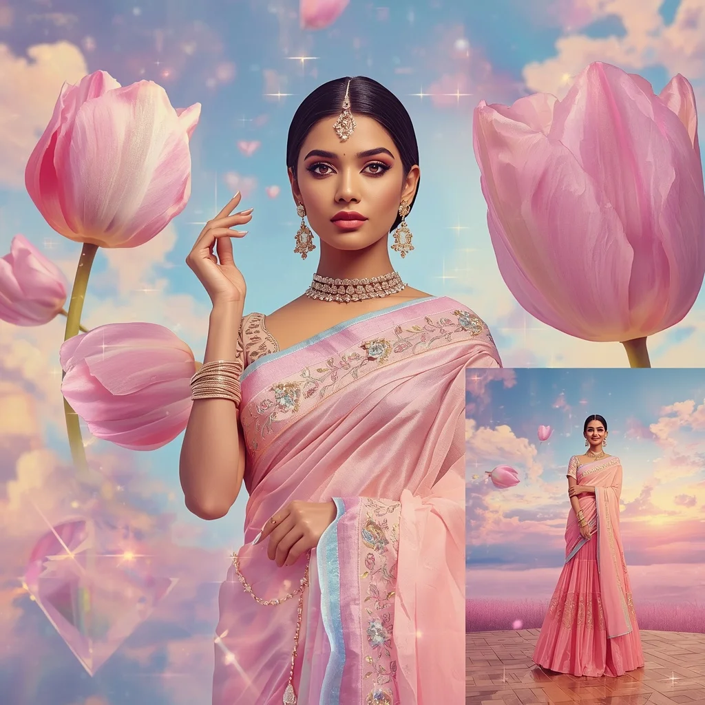 Festive Pastel Saree Floating Diamond Tulip Heaven Collage Luxury Editorial | New Instagram Trend Prompt For Girl
