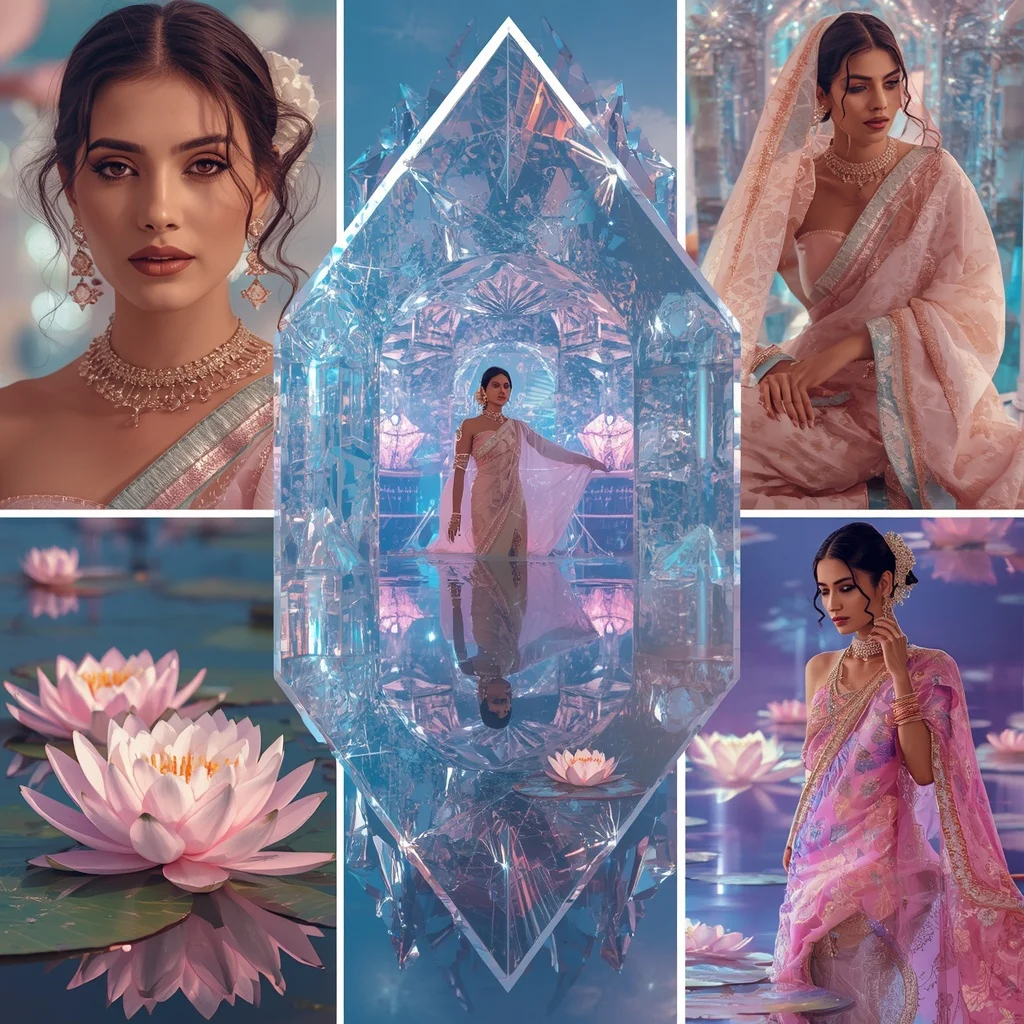 Festive Pastel Saree Floating Diamond Water Lily Palace Collage Luxury Fashion | Desi Girl Ai Prompt