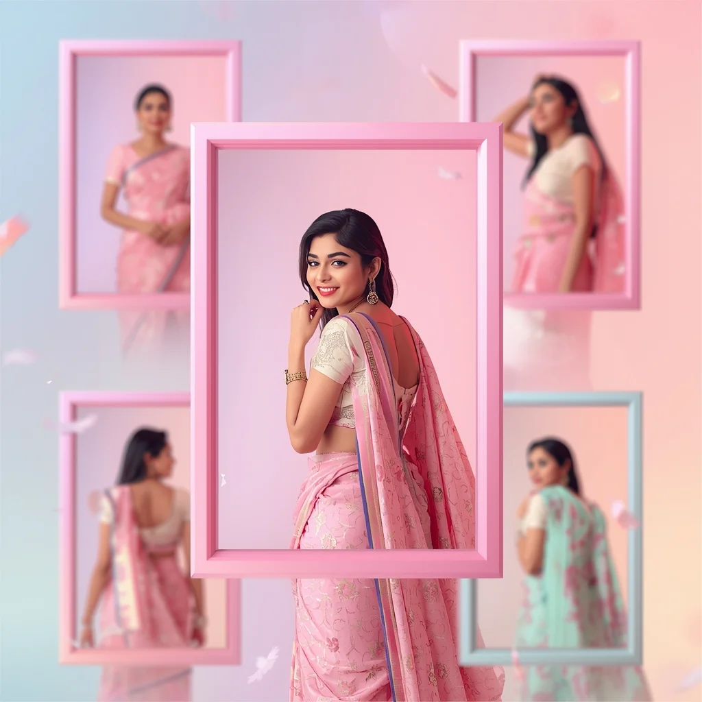 Festive Pastel Saree Floating Frame Collage | Indian Girl 3D Layout Aesthetic Soft Cinematic Viral Prompt | Traditional Saree Ai Prompt