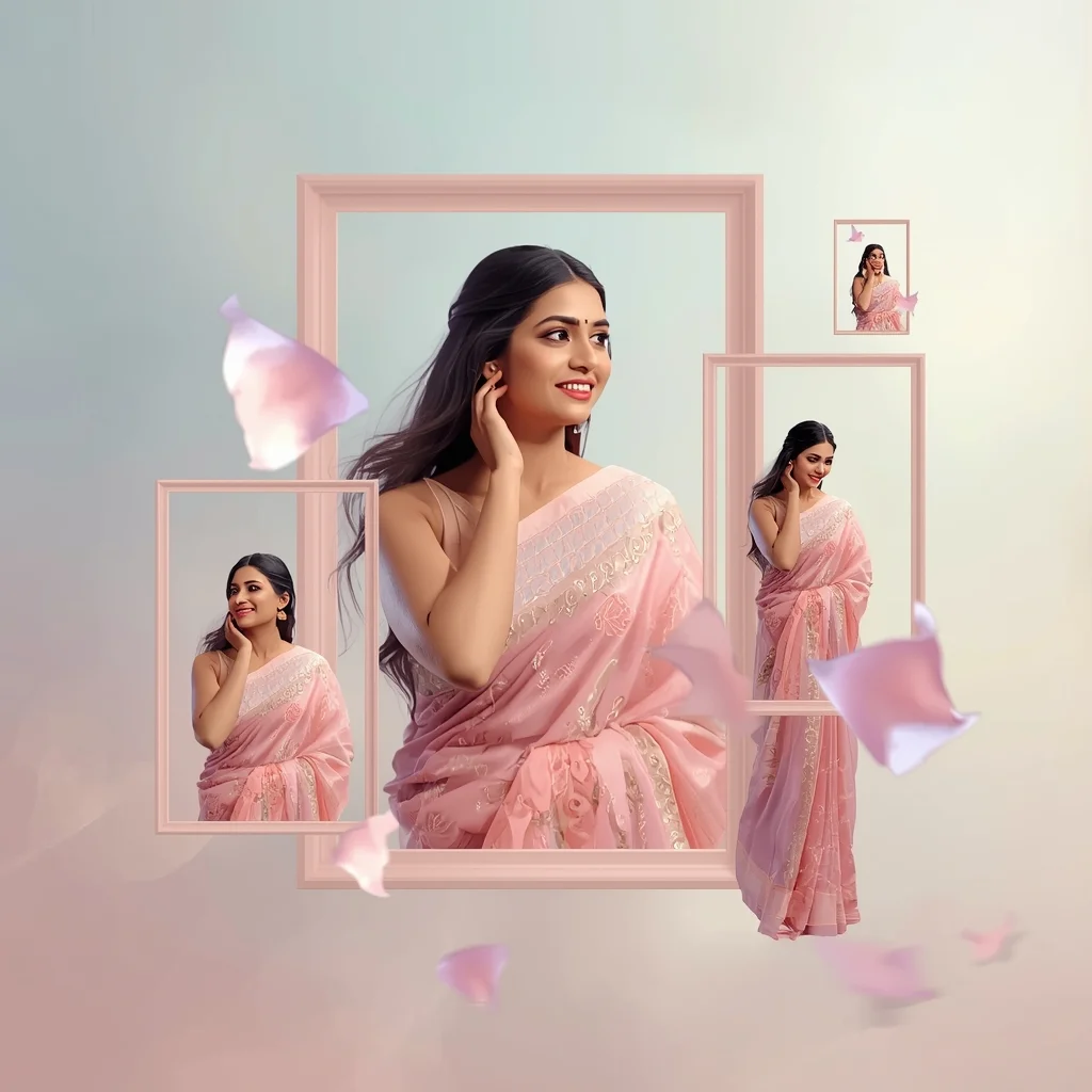 Festive Pastel Saree Floating Frame Gravity Collage | Indian Girl Zero Gravity Aesthetic Soft Cinematic Viral Prompt | Gemini Saree Prompt