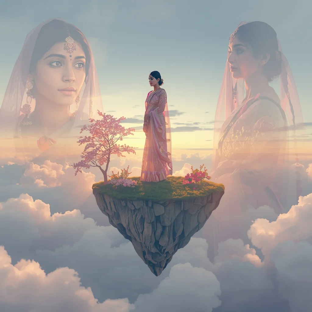 Festive Pastel Saree Floating Island Collage | Indian Girl Fantasy World Aesthetic Cinematic Viral Prompt | Saree Photoshoot Prompt Ultra Realistic