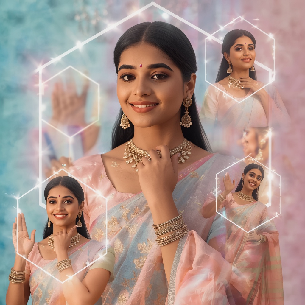 Festive Pastel Saree Floating Light Polyhedron Field Collage Premium | Ai Art Prompt