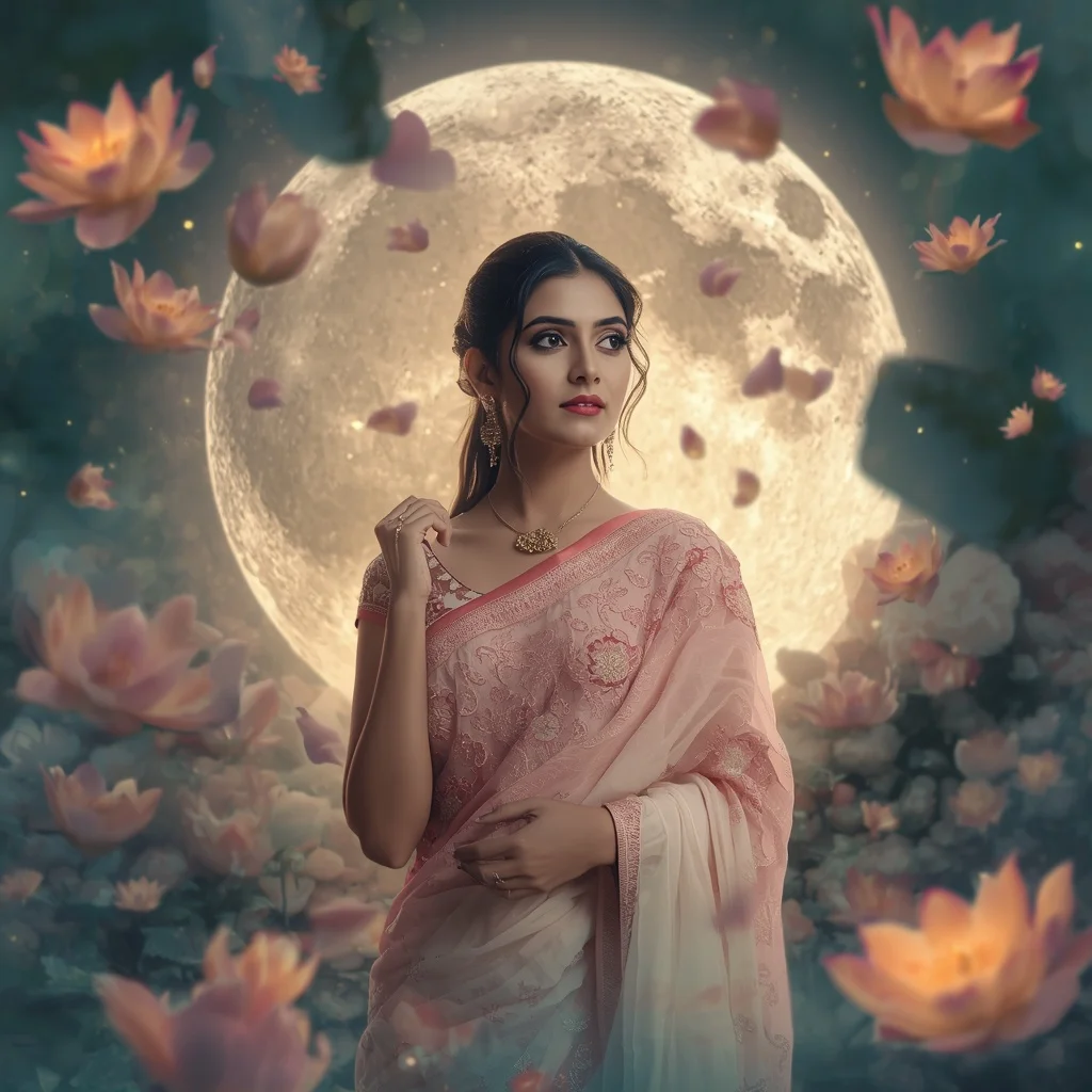 Festive Pastel Saree Floating Lily Moon Sanctuary Collage Cinematic | Prompt Ai For Girl Instagram