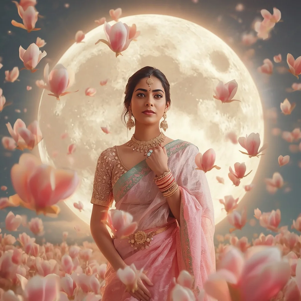 Festive Pastel Saree Floating Magnolia Moon Empire Collage Cinematic | Prompt Seen Horror Girl