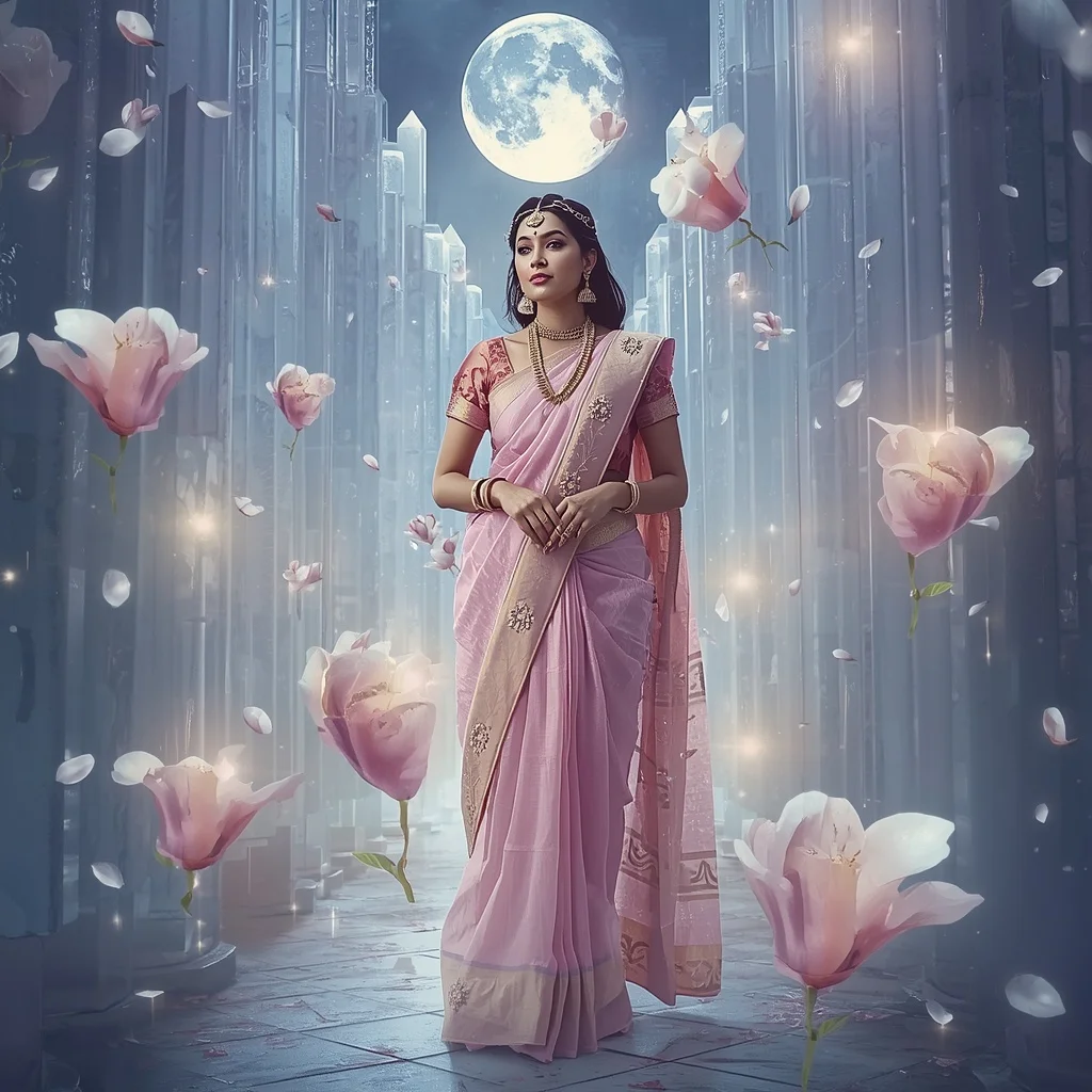 Festive Pastel Saree Floating Magnolia Moonlight Crystal Cathedral Collage Cinematic | Gemini Ai Photo Prompt Copy Paste