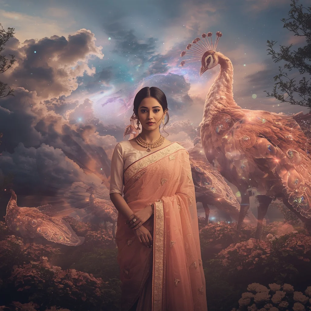 Festive Pastel Saree Floating Nebula Peacock Garden Collage | Prompt Seen Girl Photo Editing