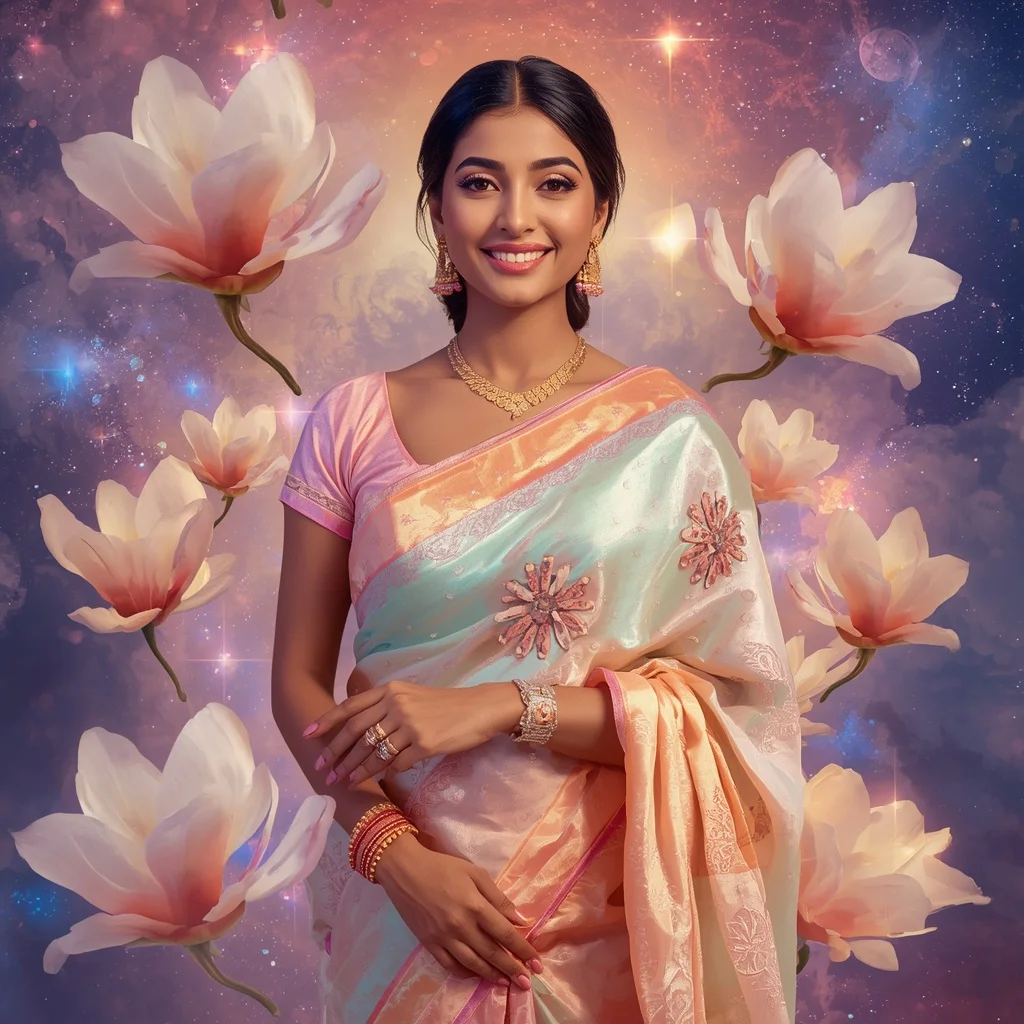 Festive Pastel Saree Floating Opal Magnolia Galaxy Dreamscape Collage Luxury Fashion | Prompt Seen Girls AI Photo Editing