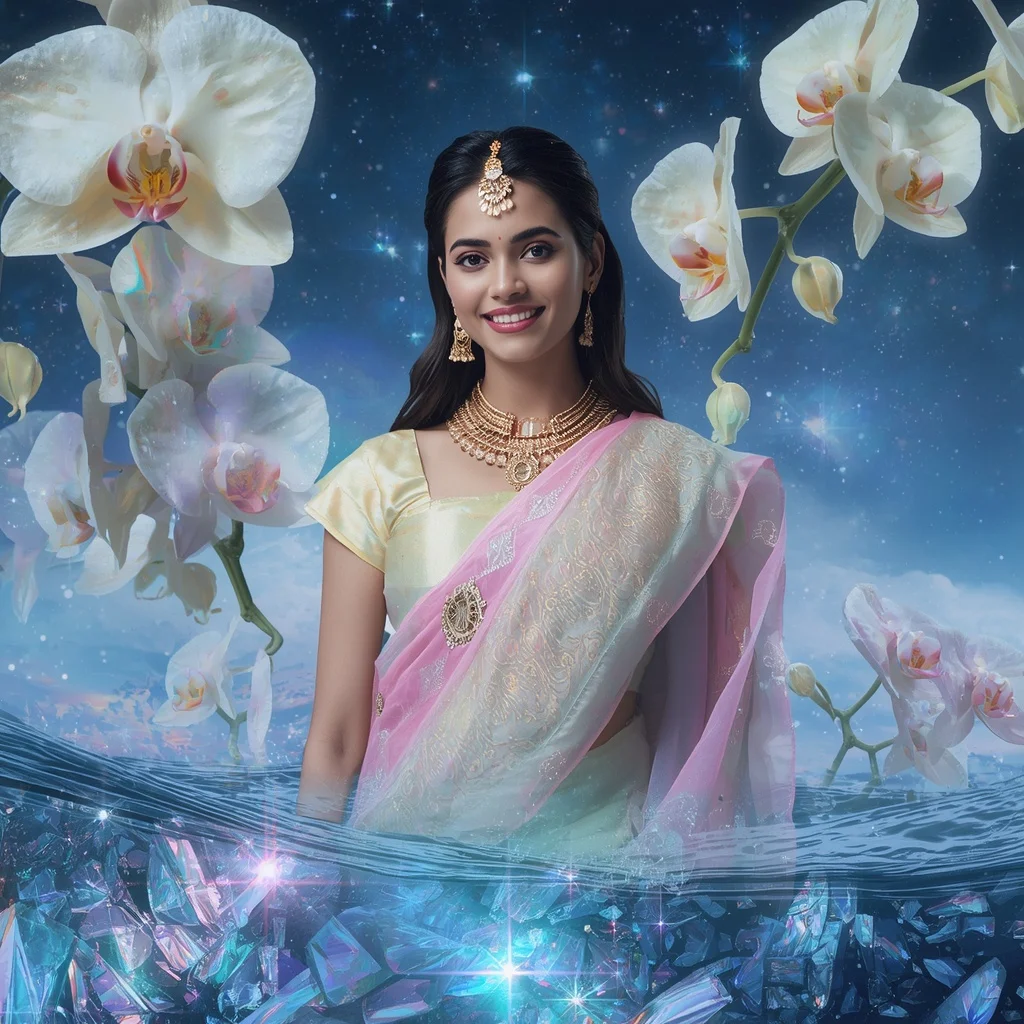 Festive Pastel Saree Floating Opal Orchid Celestial Ocean Collage Luxury Fashion | Gym Influencer Ai Prompt