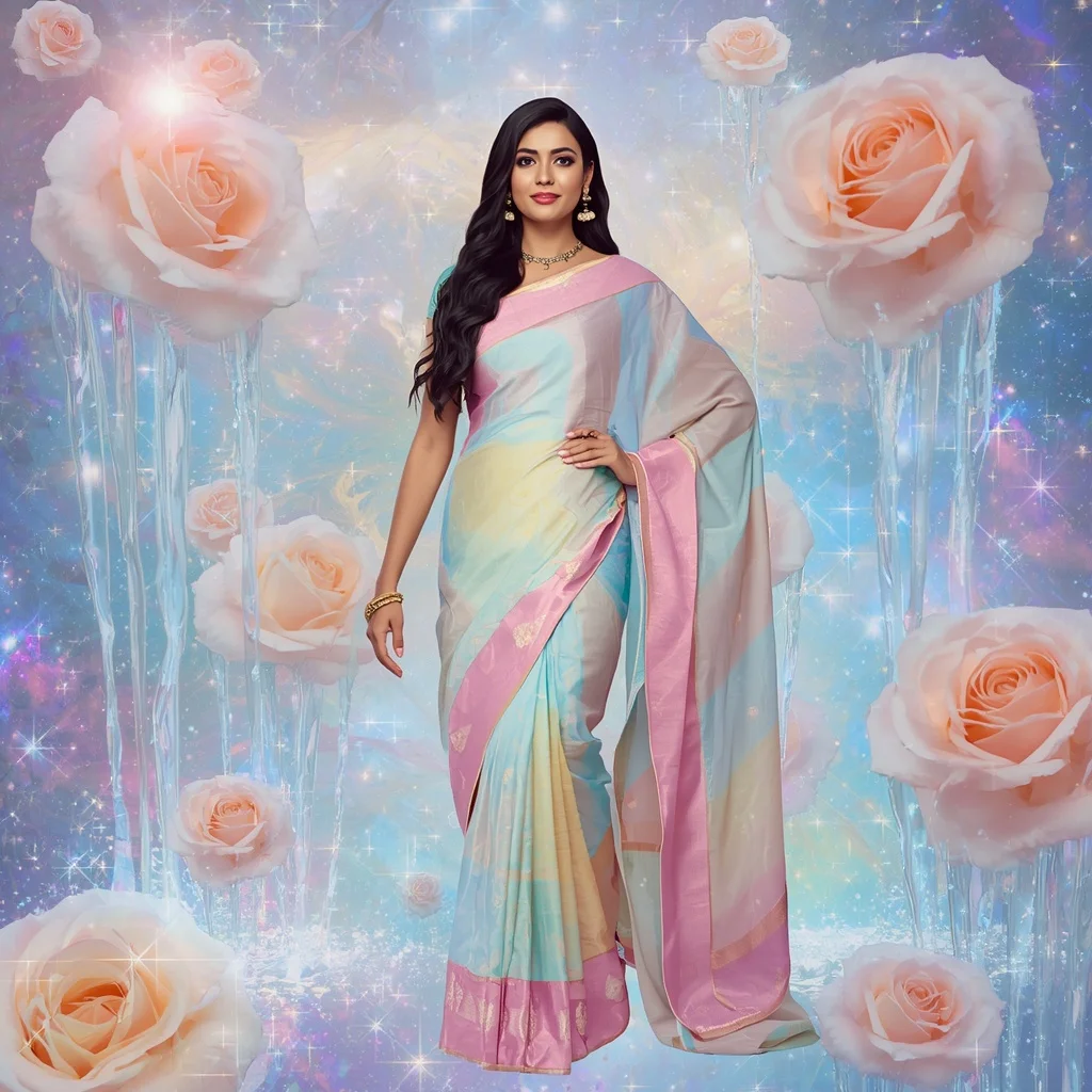 Festive Pastel Saree Floating Opal Rose Waterfall Galaxy Collage Luxury Fashion | ChatGPT Ai Prompt