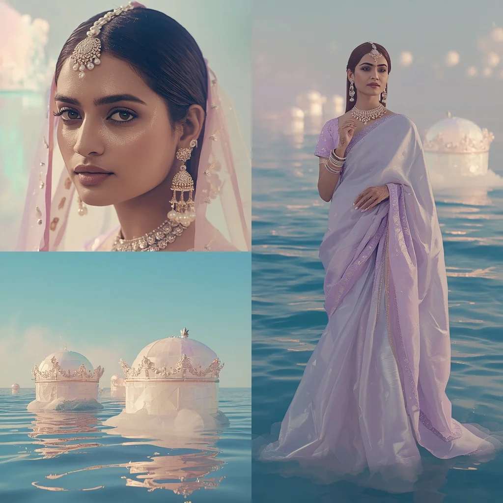 Festive Pastel Saree Floating Opaline Crown Ocean Collage | Girl Prompt