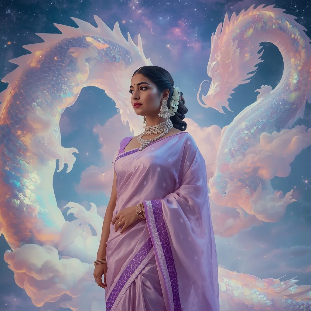 Festive Pastel Saree Floating Opaline Dragon Constellation Collage | Woman Pose Ai Prompt